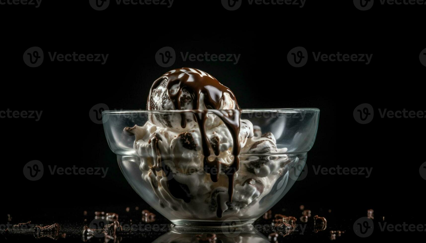 indulgente hecho en casa hielo crema helado con frutas y nueces con chocolate salsa generado por ai foto