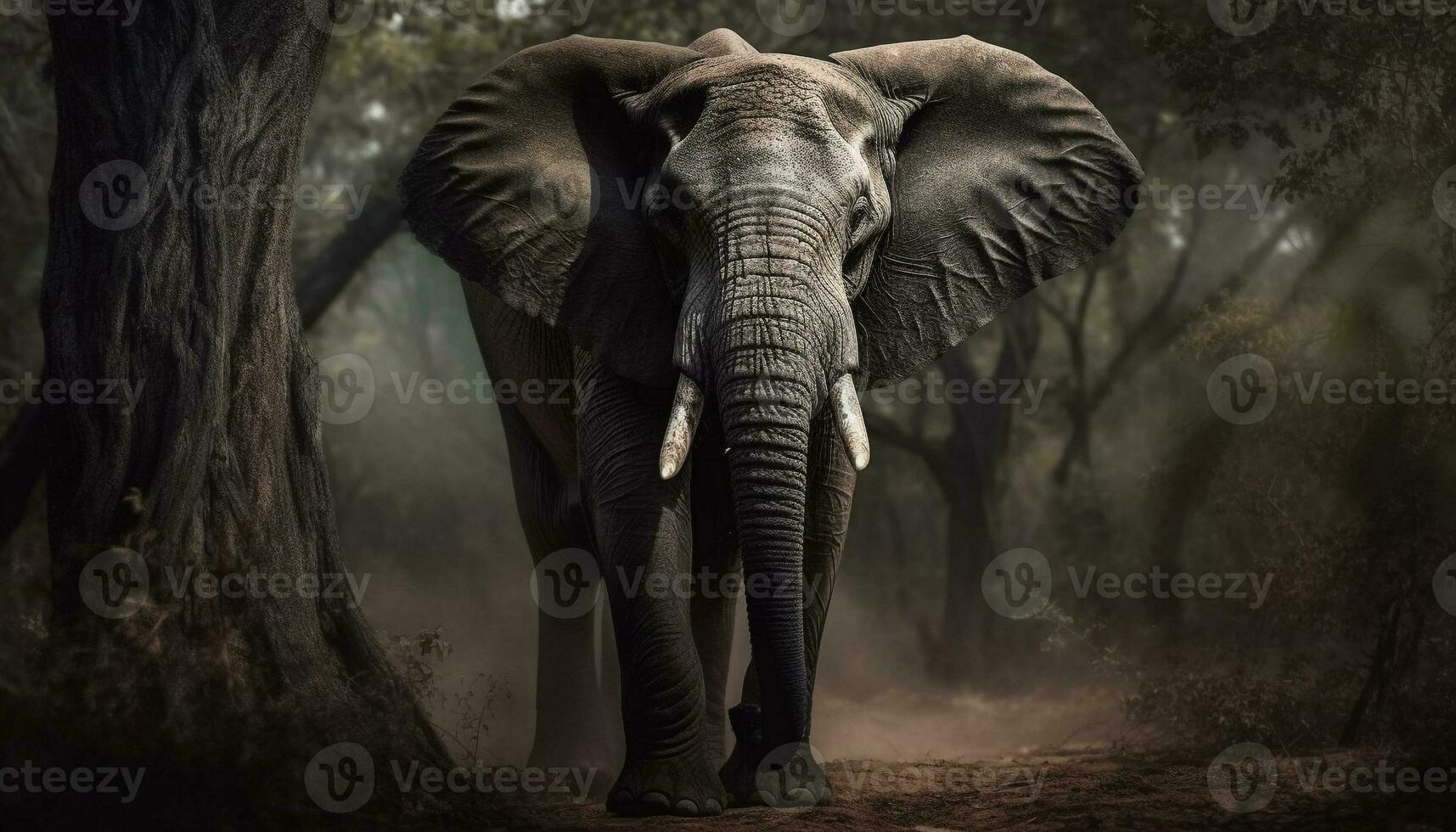 Large African elephant calf walking in tropical forest generated by AI photo