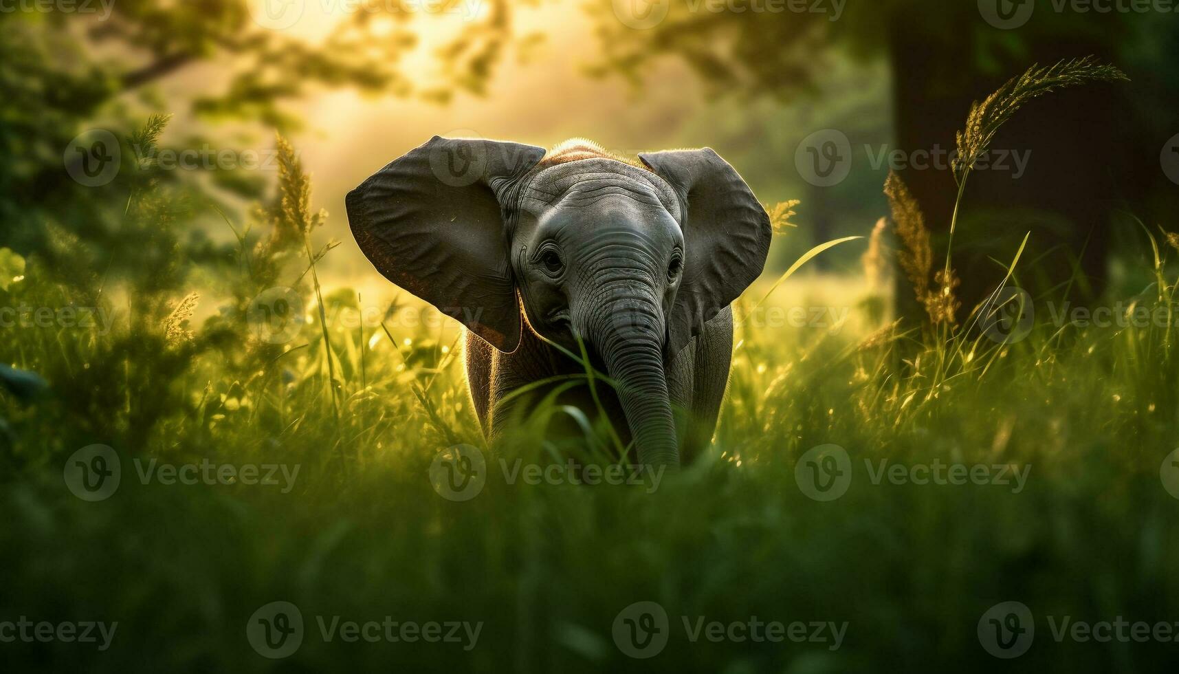 African elephant walking in the green meadow generated by AI photo
