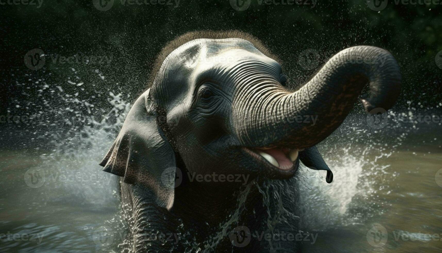 Smiling elephant splashing in wet African shower generated by AI photo
