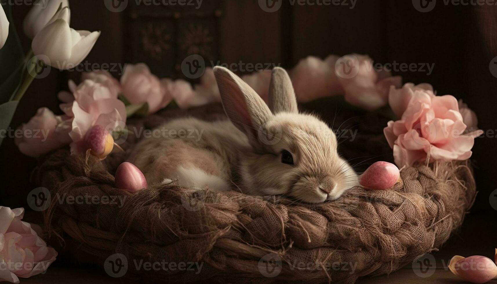 Fluffy baby rabbit celebrates spring with tulip generated by AI photo