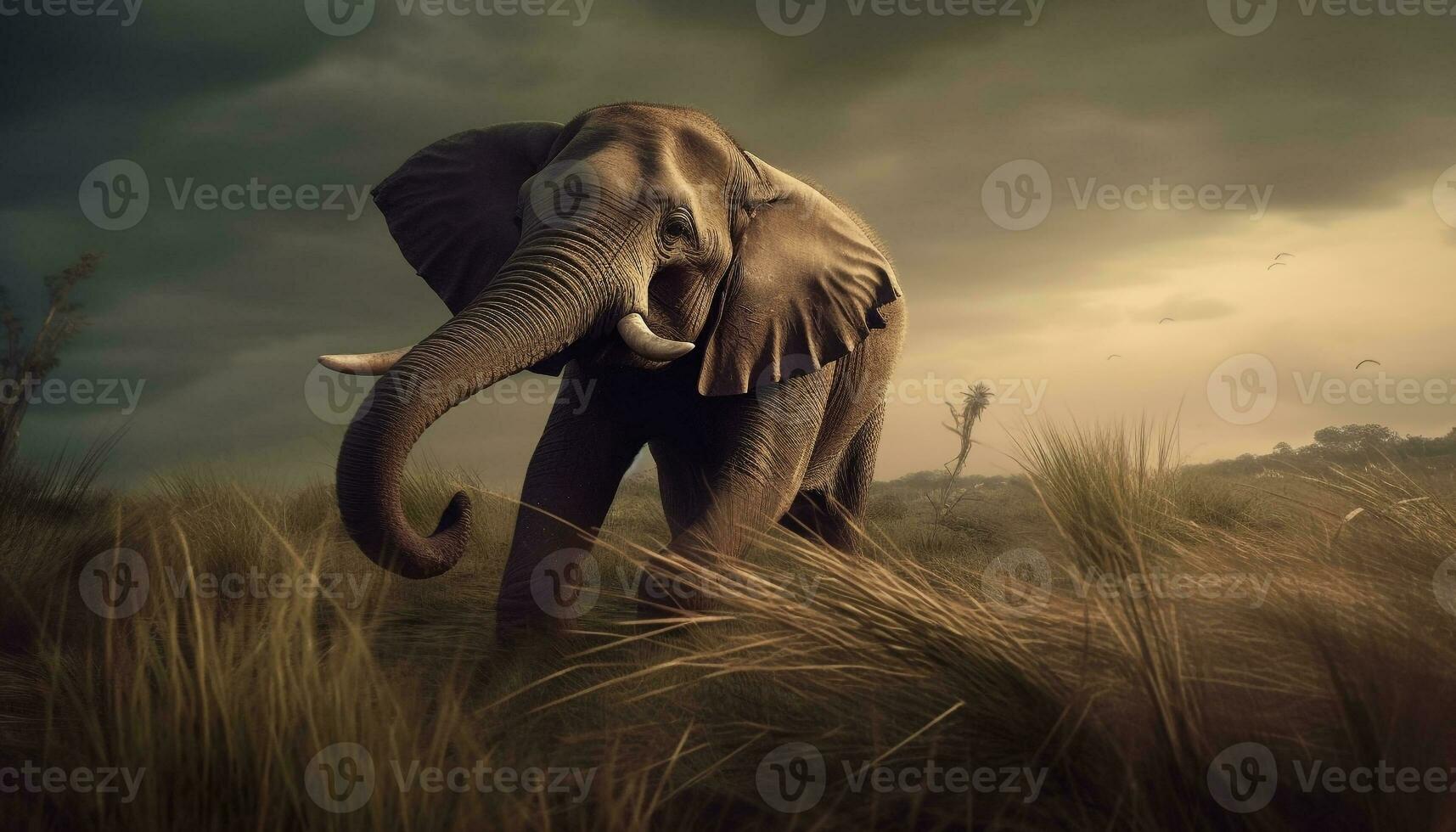 African elephant walking in tranquil savannah meadow generated by AI photo
