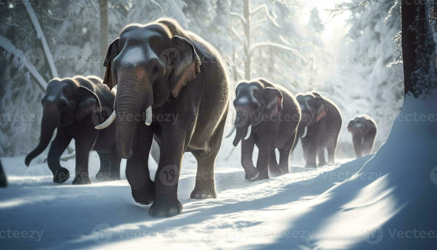Large herd of African elephants walking in snow generated by AI photo