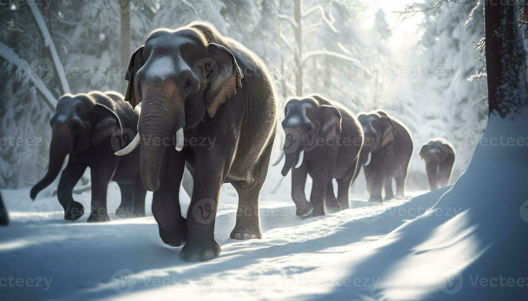 grande manada de africano elefantes caminando en nieve generado por ai foto