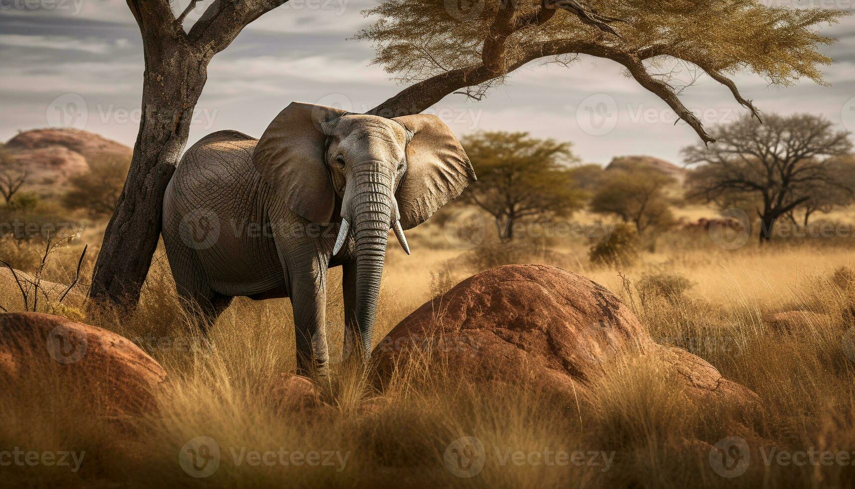 African elephant grazing in tranquil savannah landscape generated by AI photo