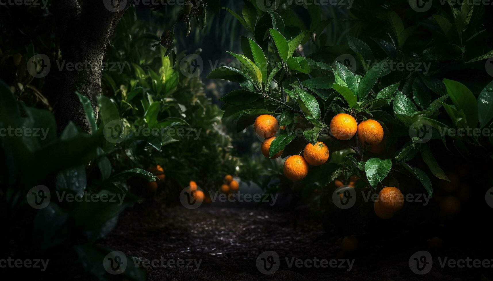 Fresh citrus fruit hanging from green tree branch generated by AI photo