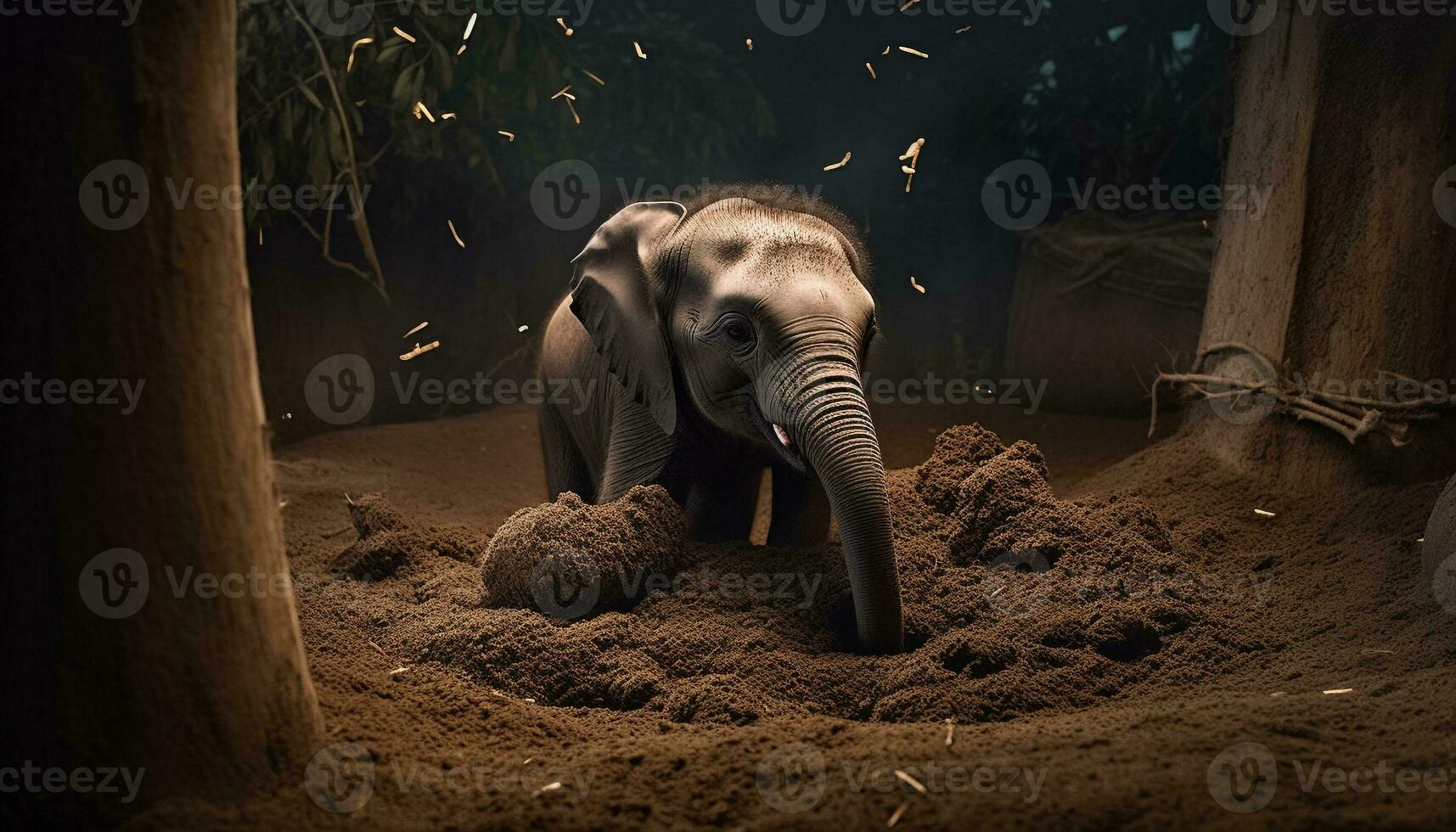Large mammal with trunk in dark forest generated by AI photo
