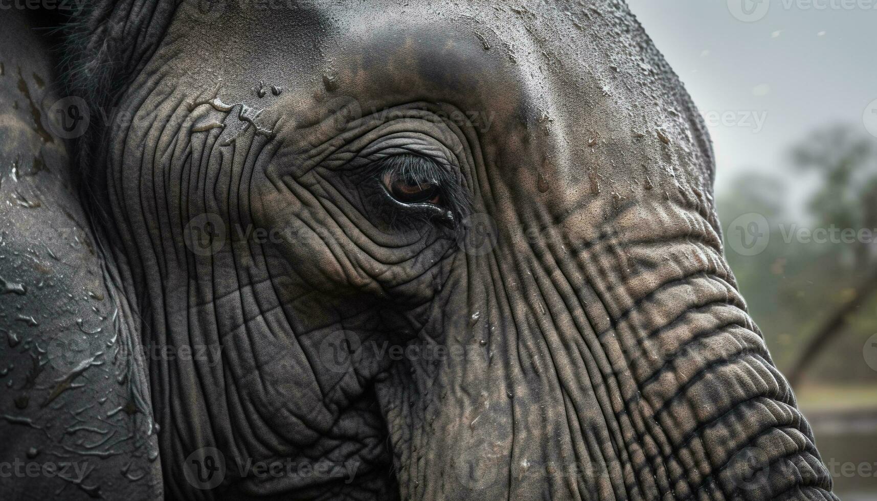 Wrinkled elephant portrait, large tusk, selective focus generated by AI photo