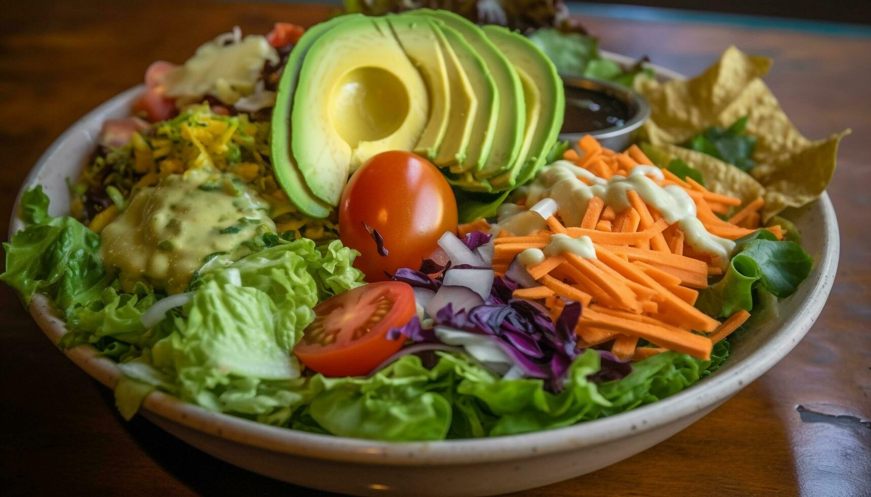 Fresco gastrónomo vegetariano ensalada, sano comida variación generado por ai foto