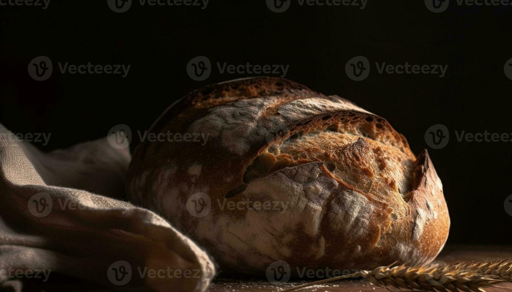 A rustic table with fresh baked bread generated by AI photo