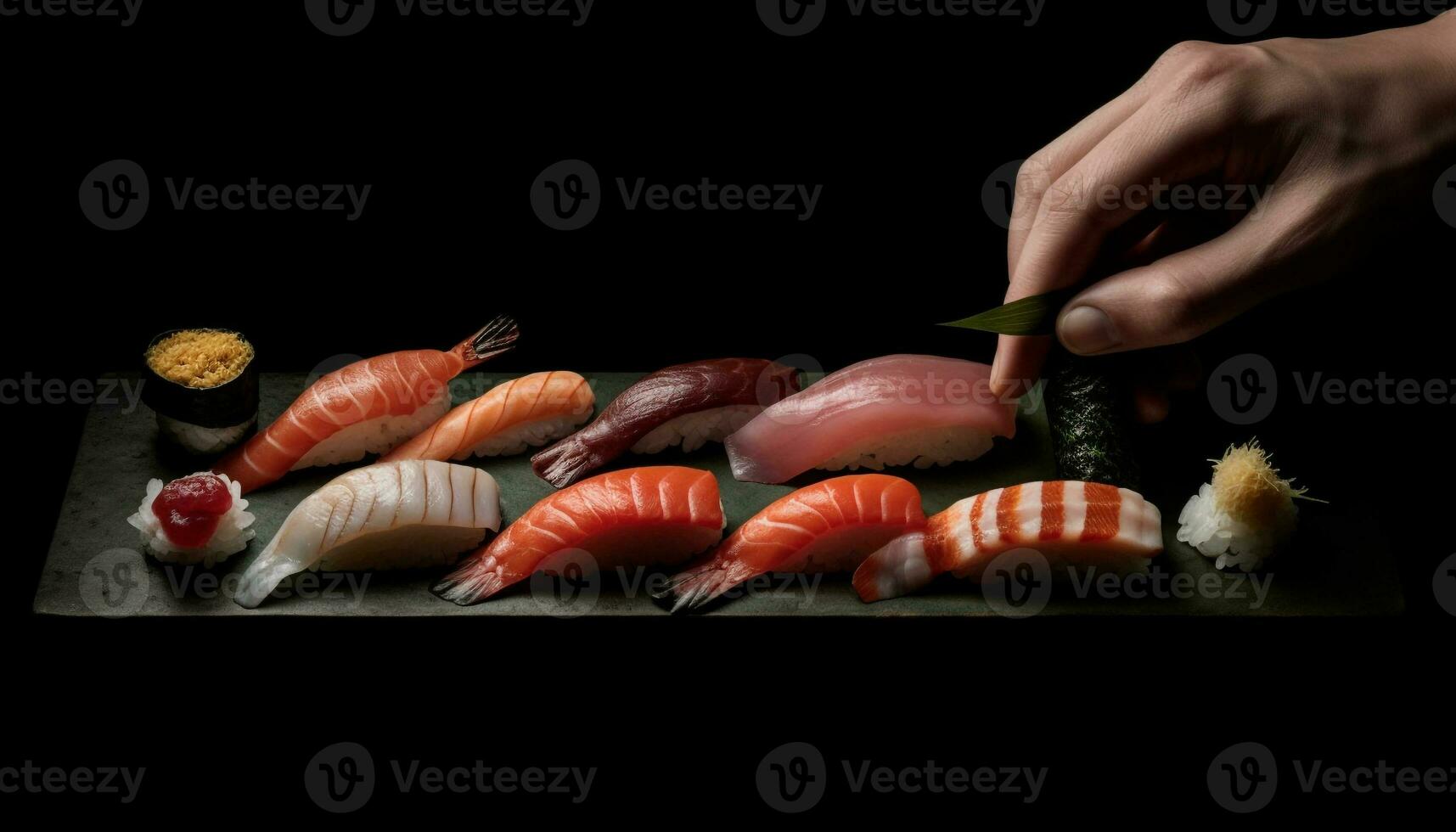 Fresh seafood meal on plate, Japanese culture generated by AI photo