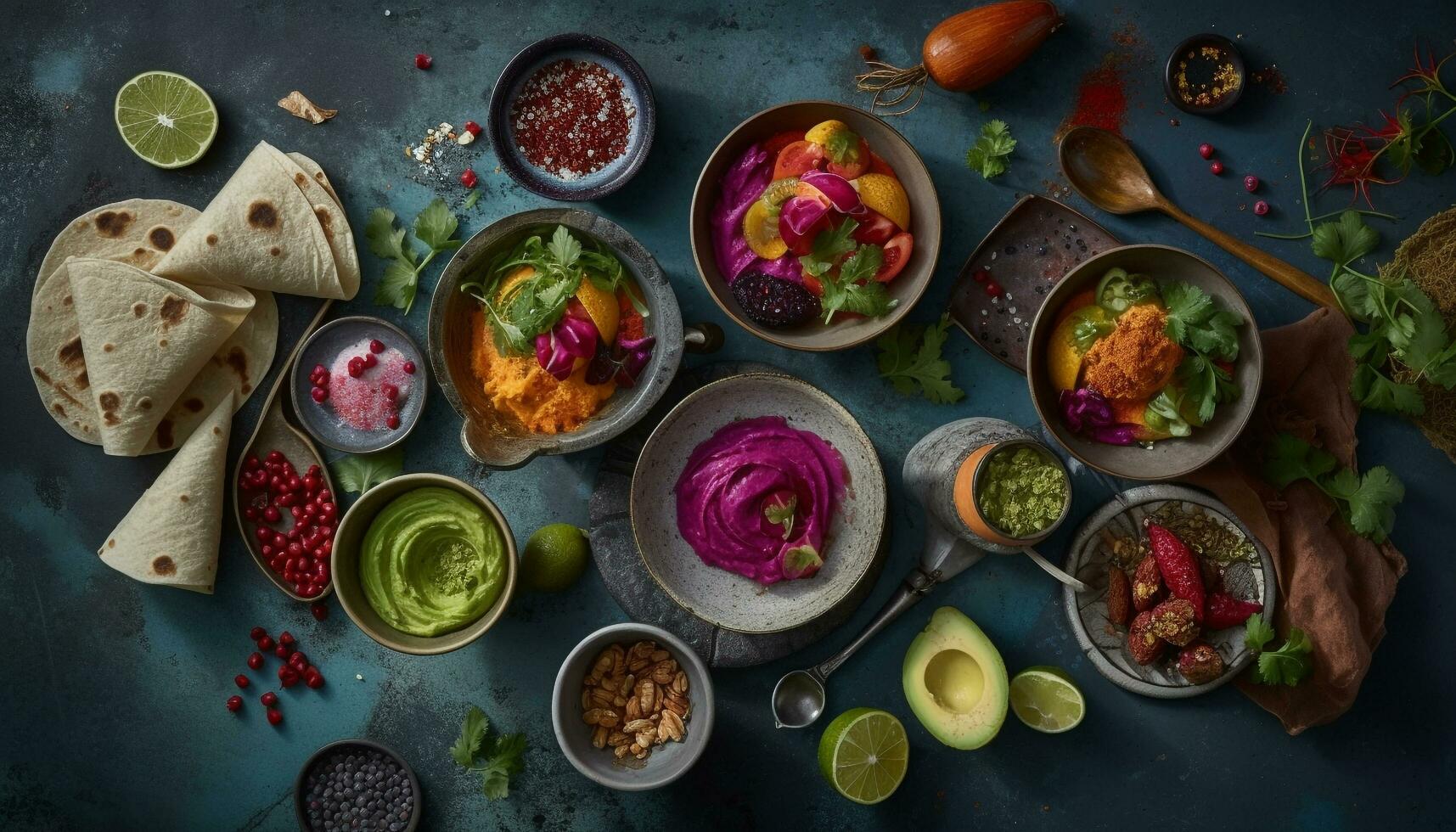Fresh guacamole and salsa on rustic wood table generated by AI photo