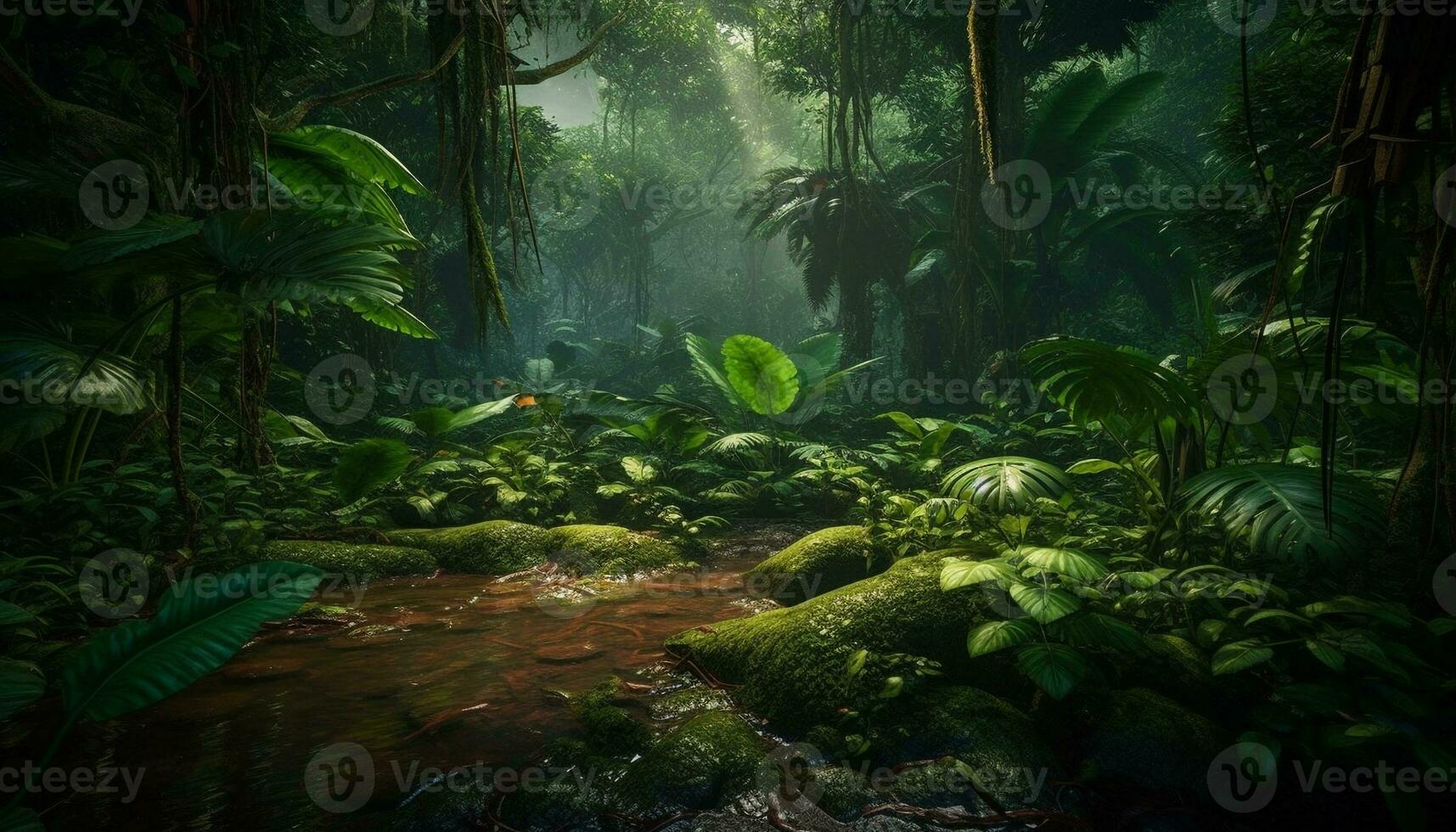 Tranquil scene in tropical rainforest, lush growth generated by AI photo