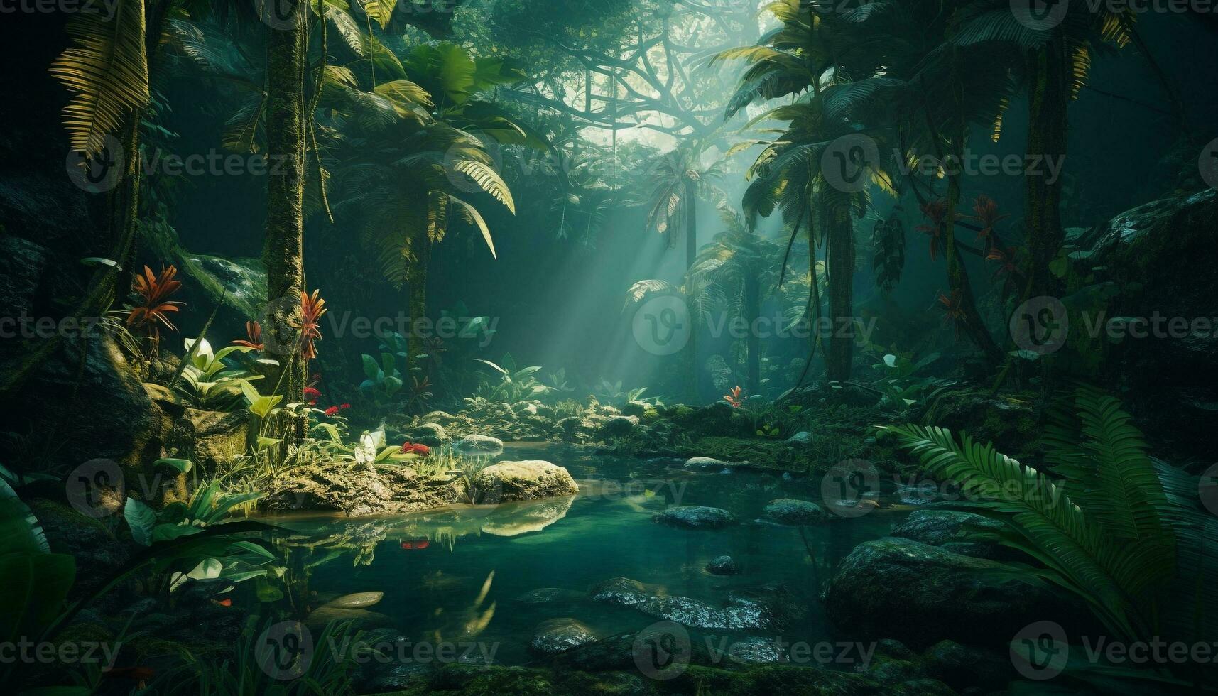 A tranquil scene in the tropical rainforest generated by AI photo