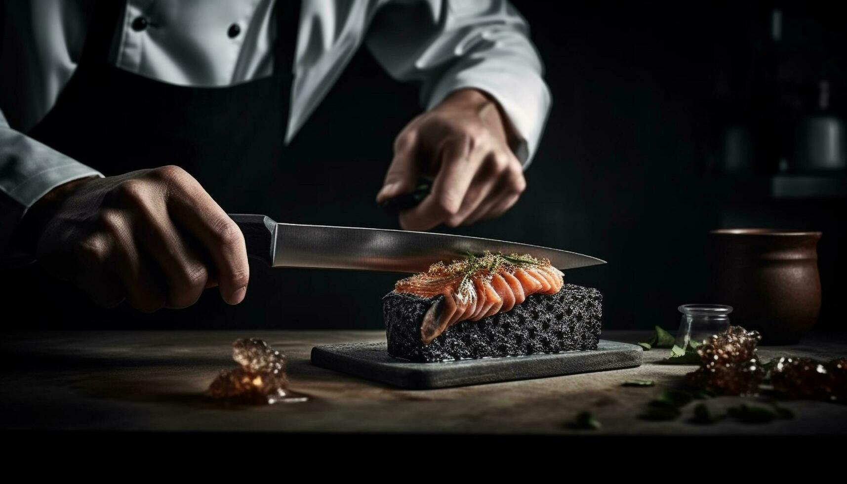 el gastrónomo cocinero mano rebanadas Fresco sashimi generado por ai foto