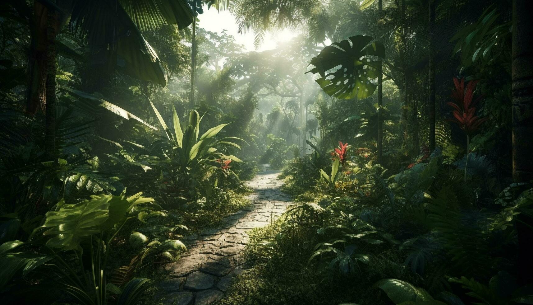 Tranquil footpath winds through tropical rainforest beauty generated by AI photo