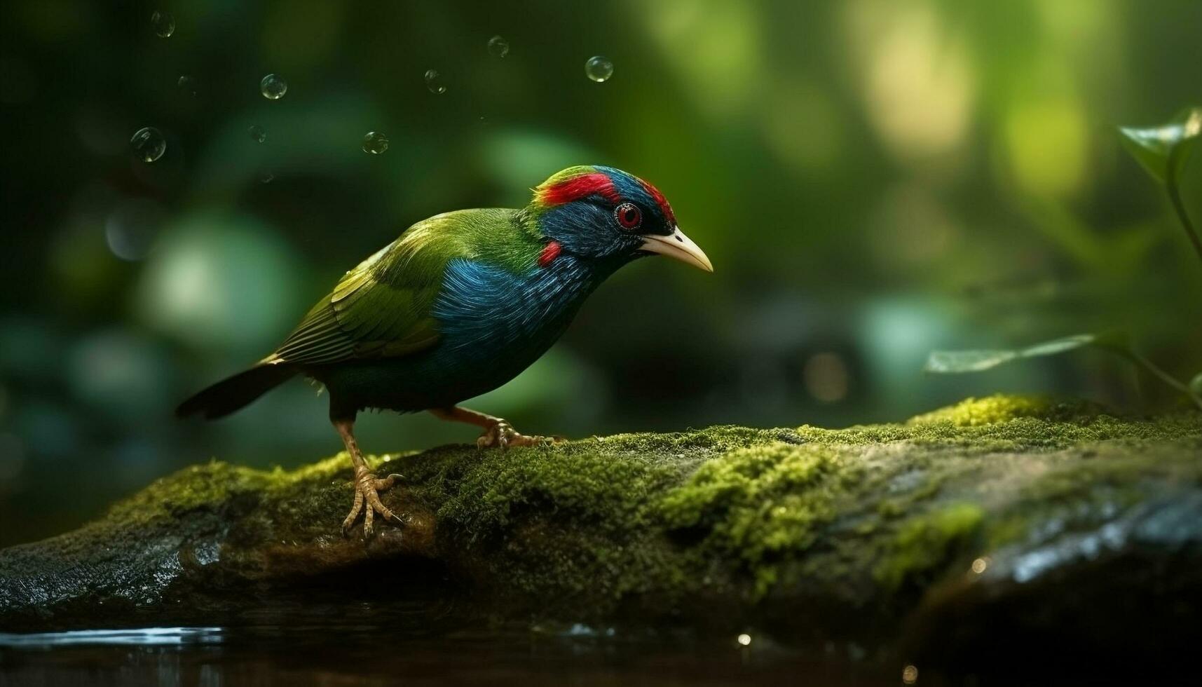 Endangered male bird perches on green branch generated by AI photo