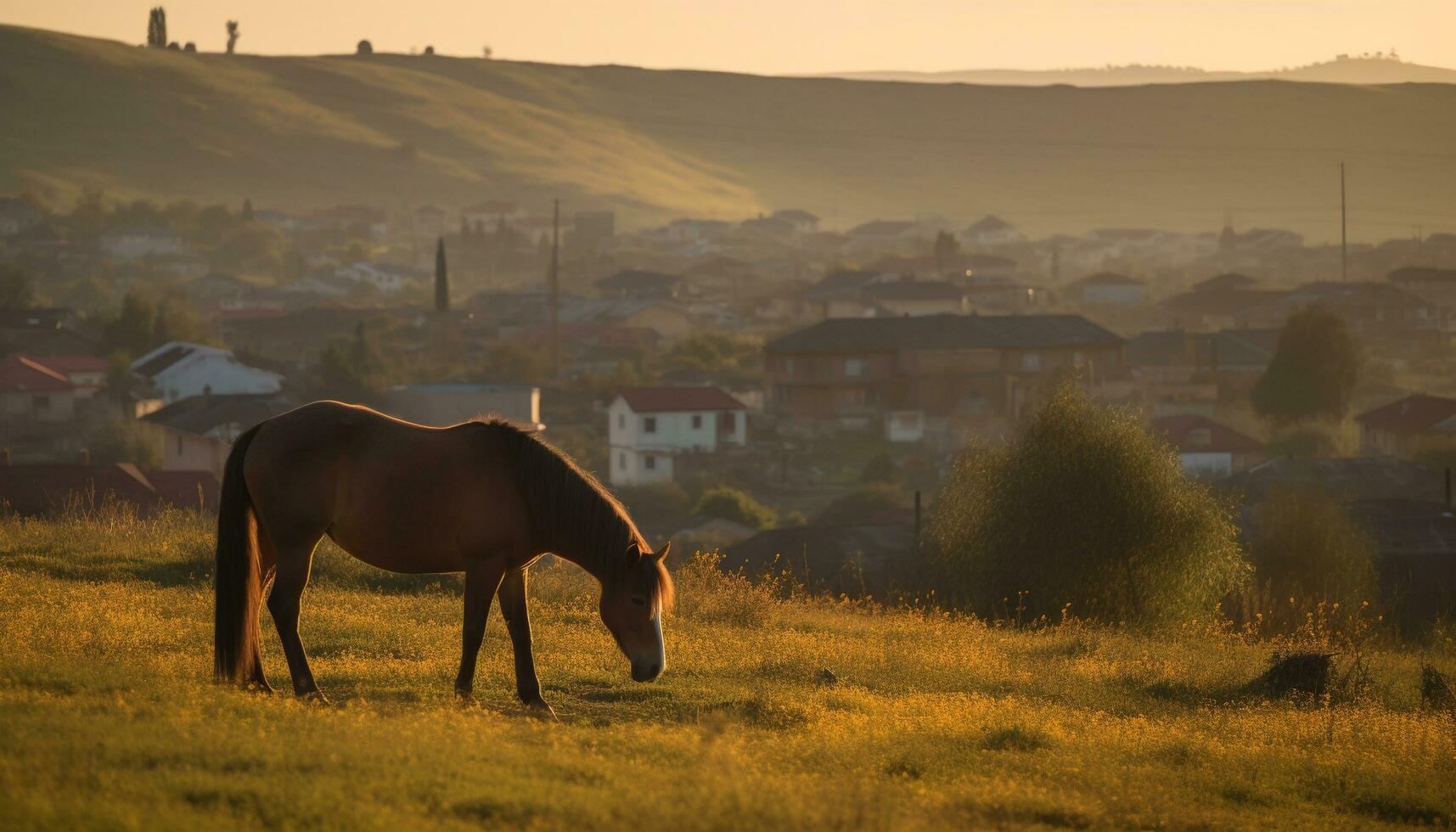 Majestic stallion grazes in tranquil meadow at dawn generated by AI photo