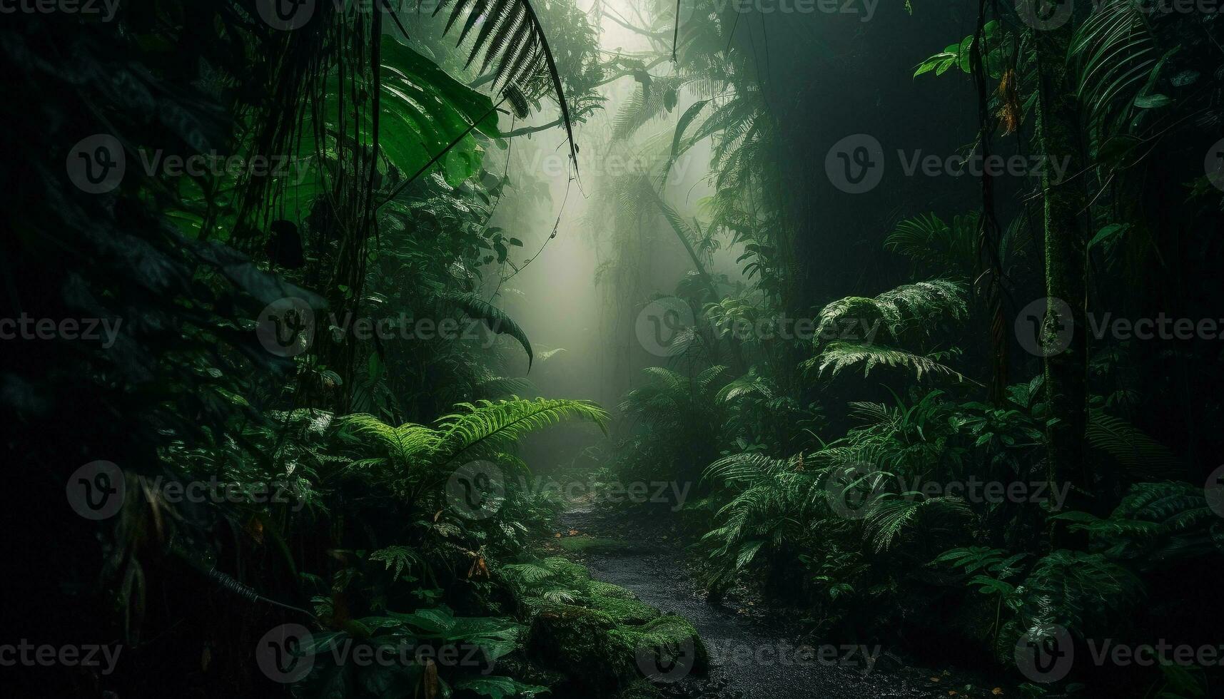 A spooky fog shrouds the mysterious forest generated by AI photo