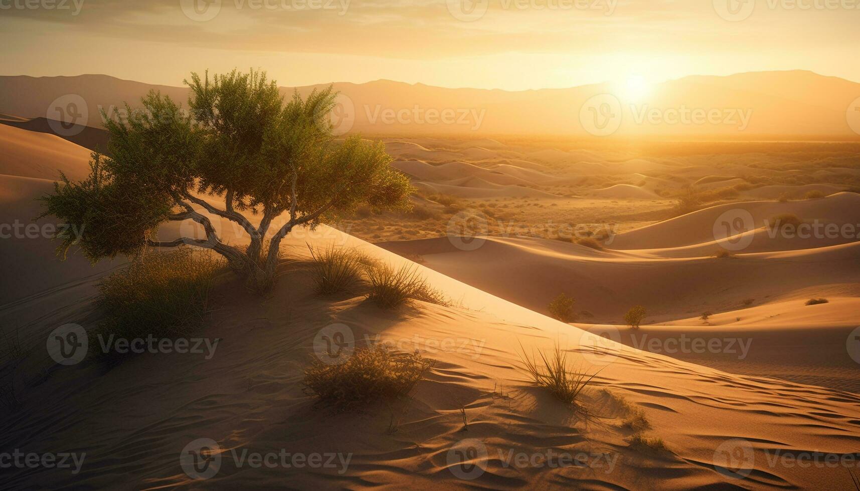 Tranquil sunrise over rippled sand dunes in Africa generated by AI photo