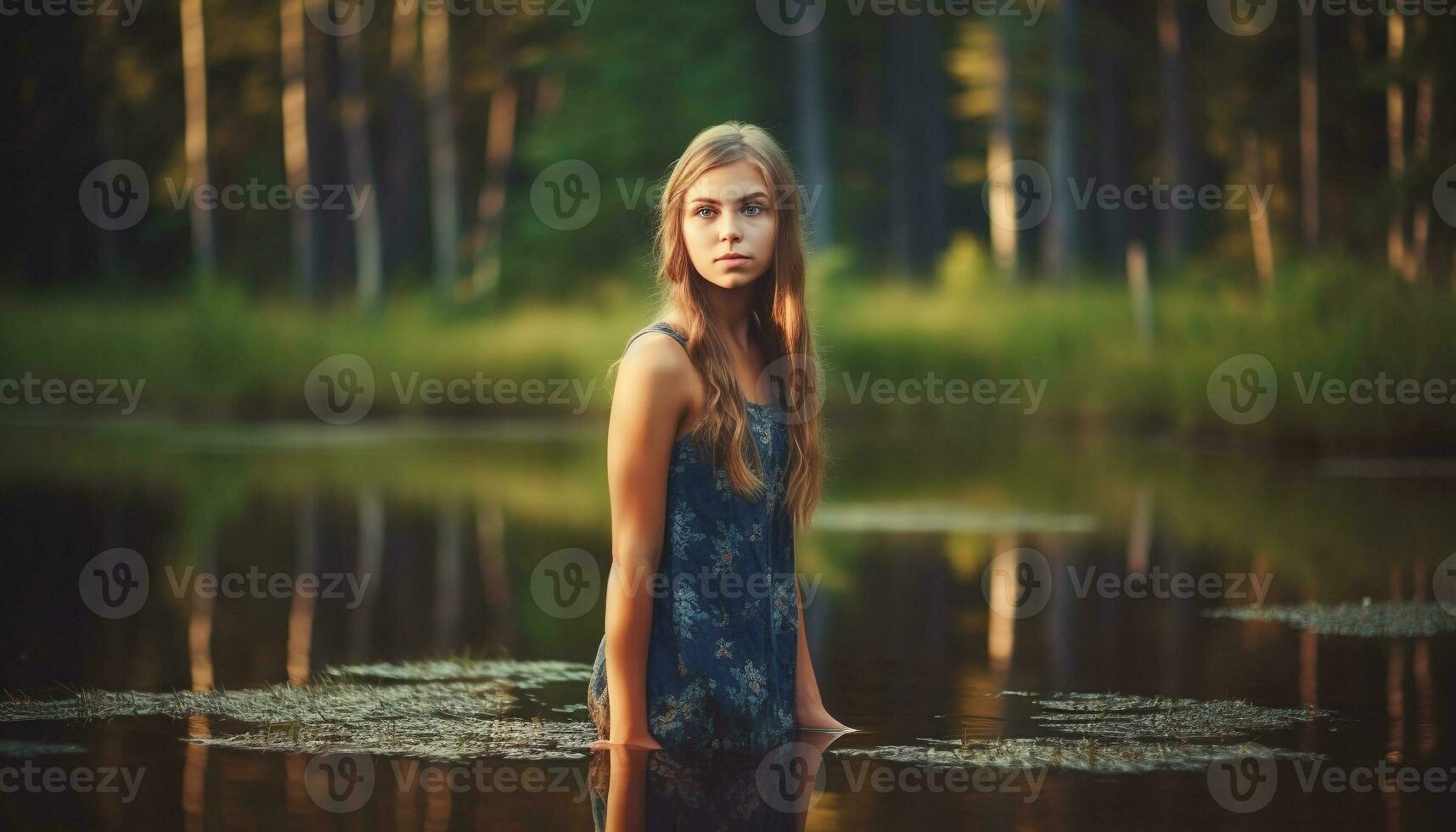 A young woman beauty reflects in nature tranquility generated by AI photo