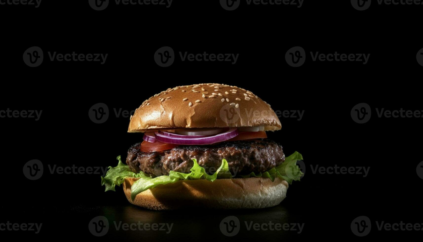 Grilled beef burger with cheese, tomato, and onion generated by AI photo