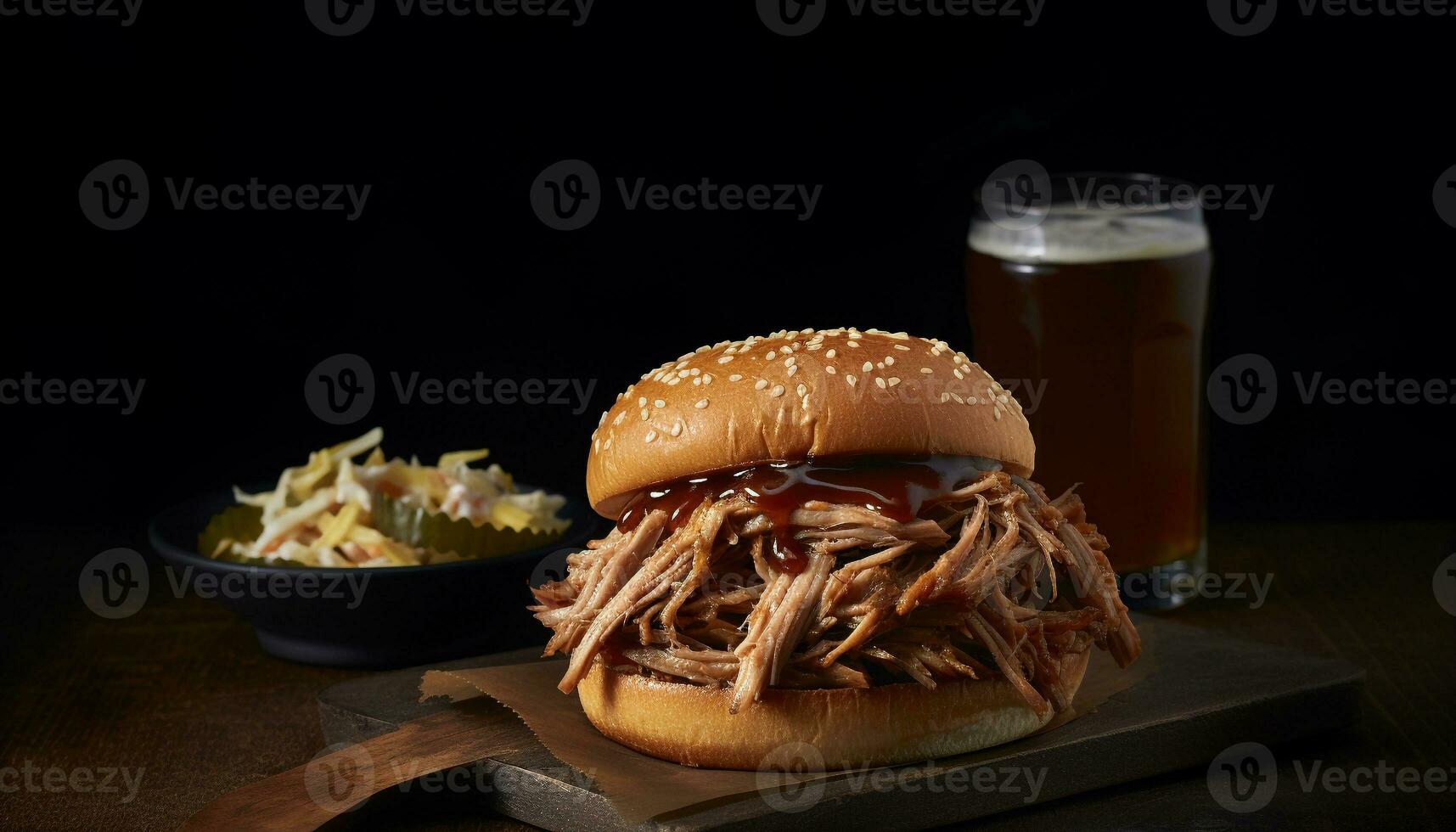 Grilled beef burger with pulled pork sandwich generated by AI photo