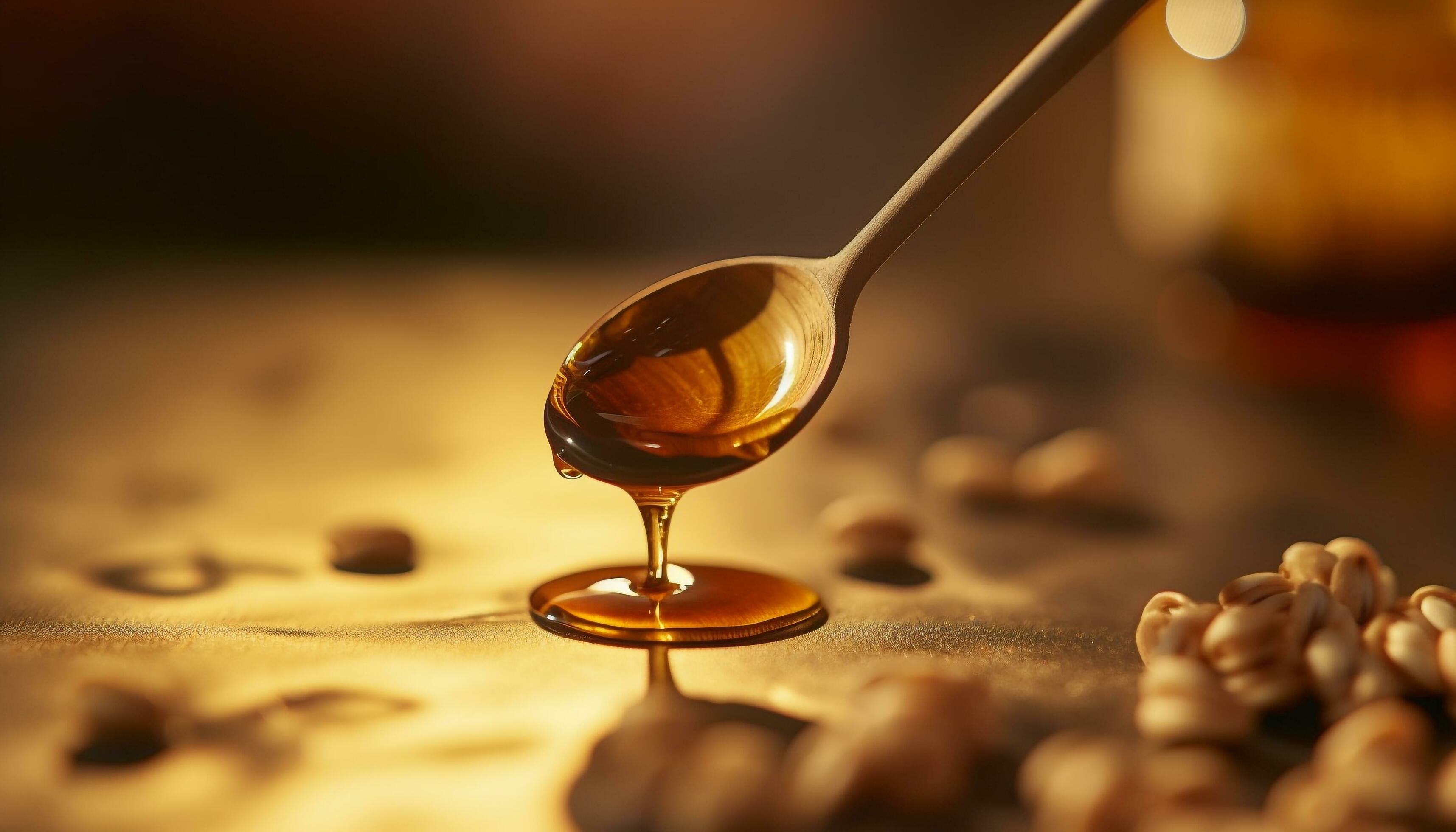 Liquid gold pouring from bottle onto wood table generated by AI