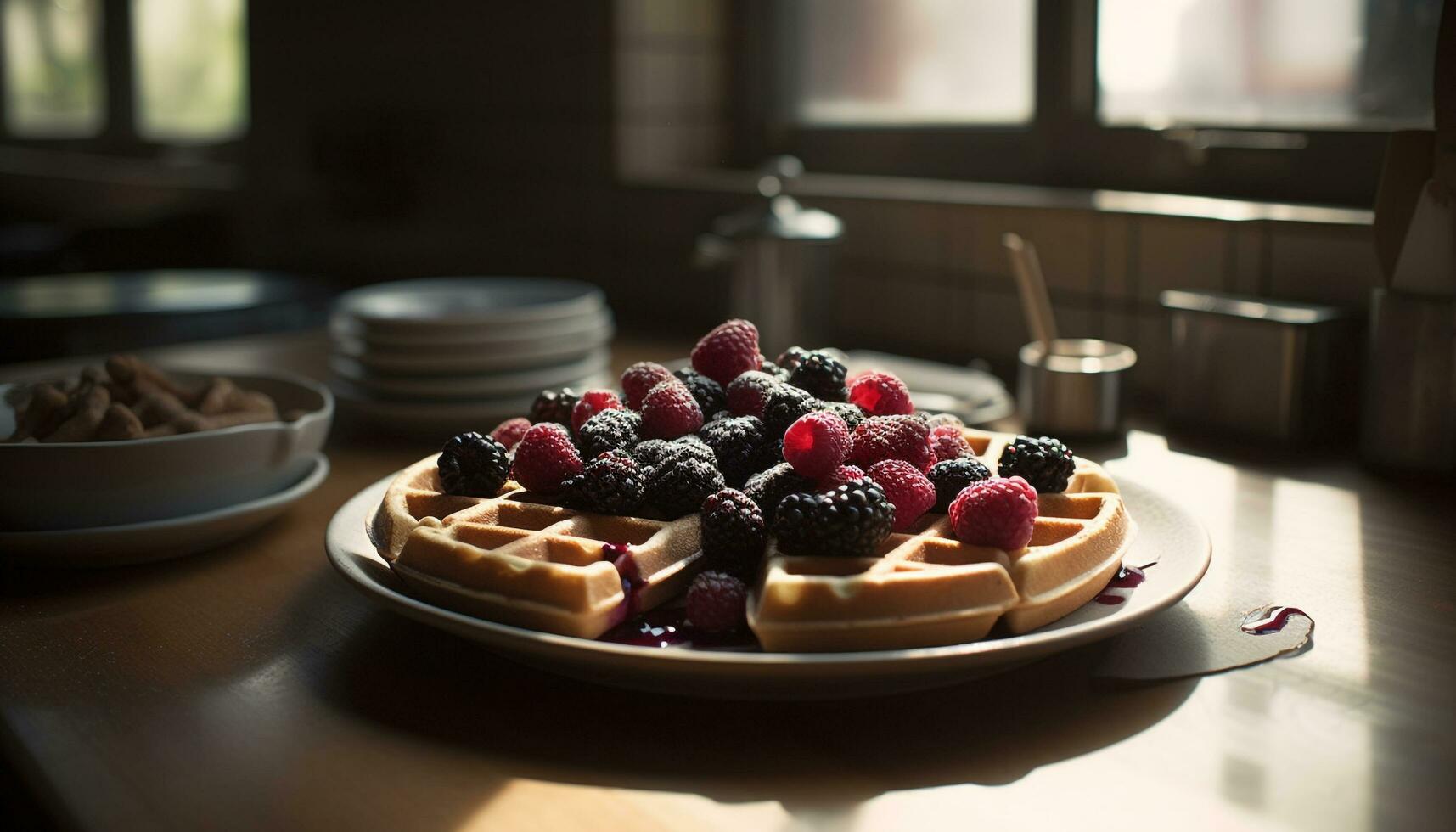 Fresh berry waffle stack, a gourmet indulgence generated by AI photo