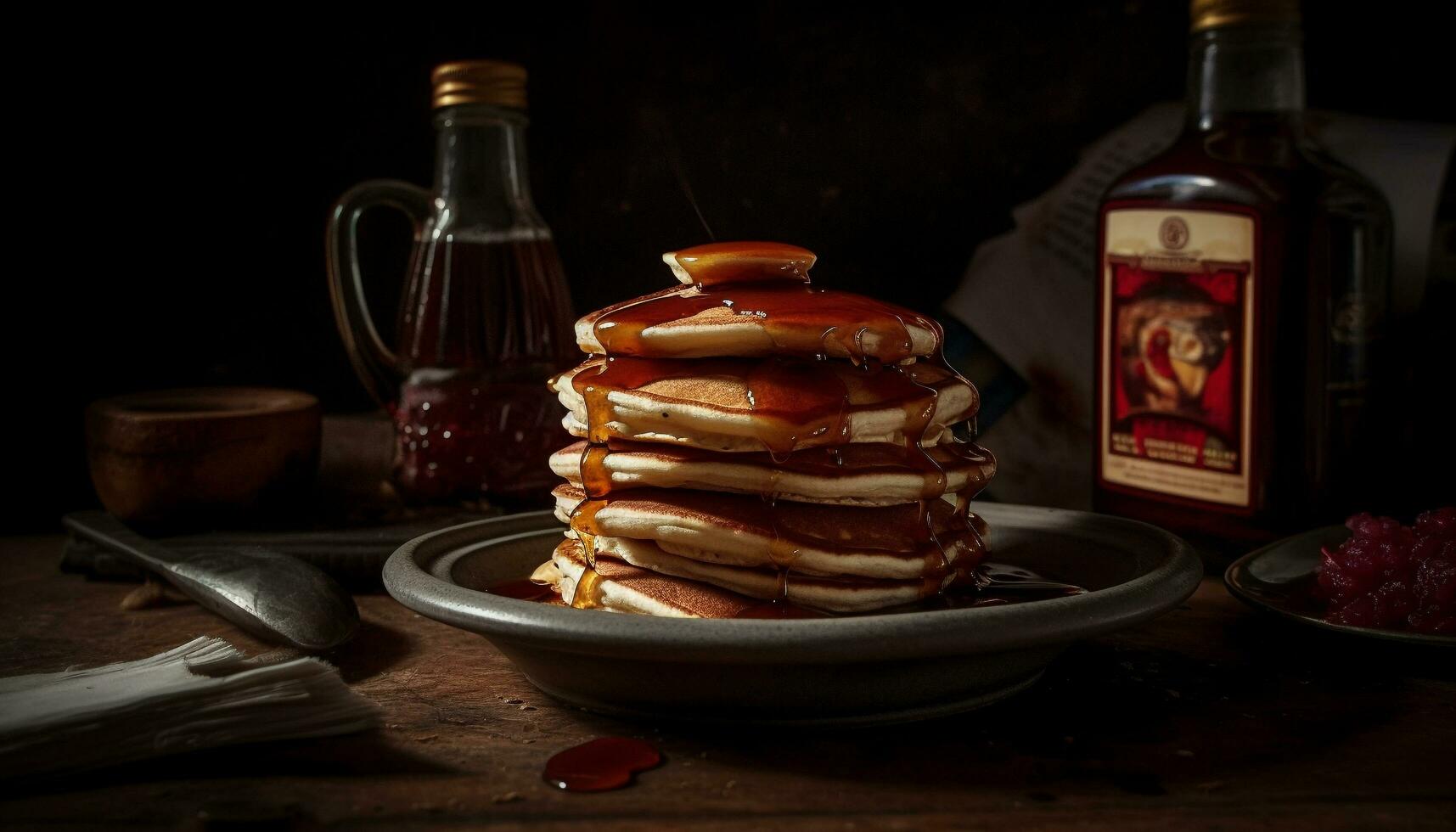 Freshly baked pancakes stack on rustic wood table generated by AI photo