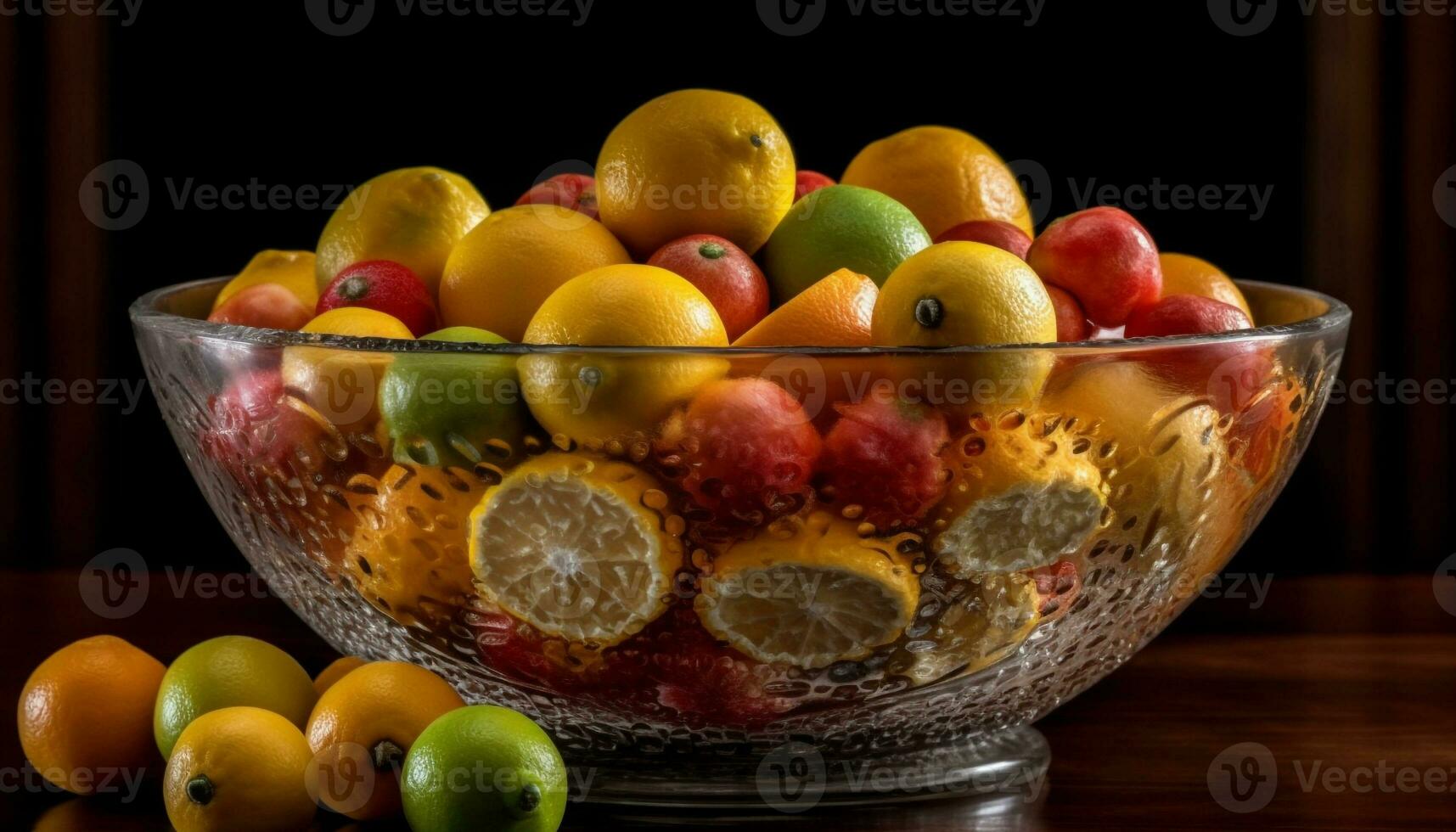 Fresco Fruta cuenco naranja, limón, Lima, uva generado por ai foto