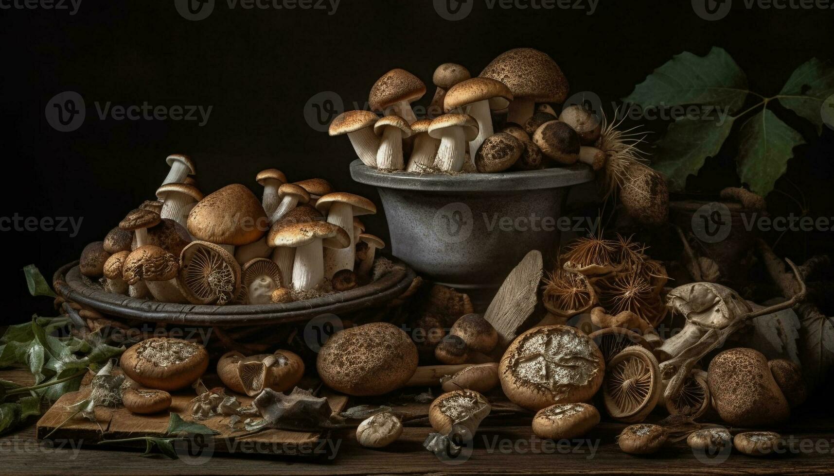 Fresh autumn forest basket edible mushroom, vegetable, plant generated by AI photo