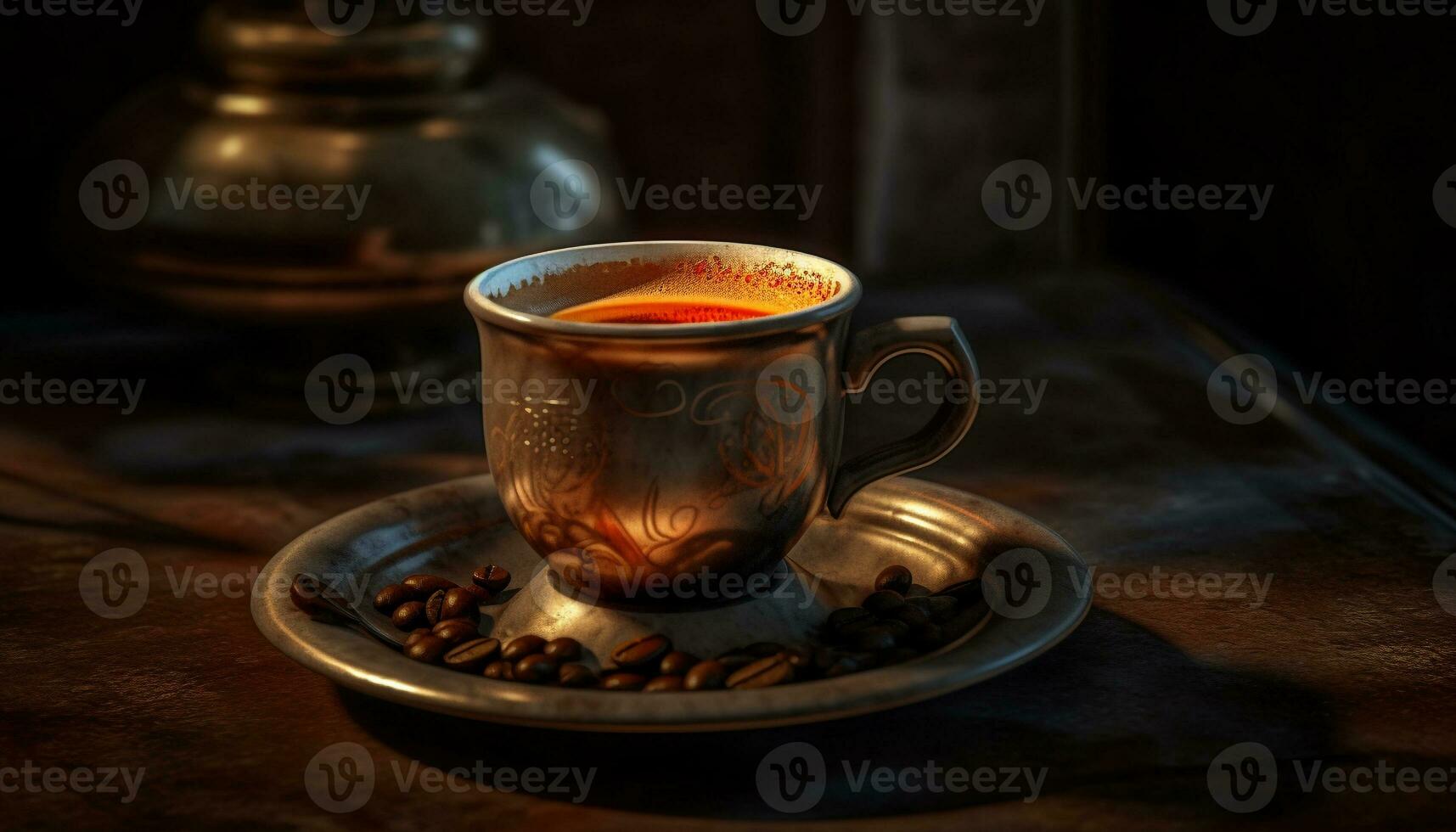 Freshly brewed coffee on rustic wooden table generated by AI photo