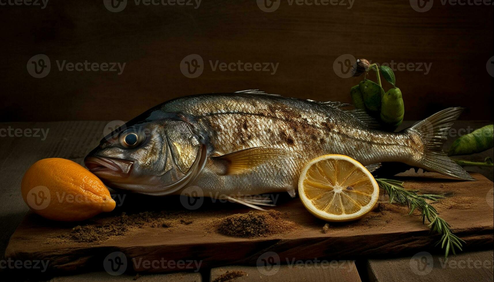 Fresh seafood grilled on rustic wooden table generated by AI photo