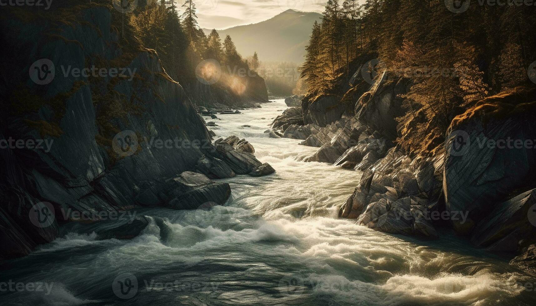 Tranquil scene flowing water, majestic mountain range generated by AI photo