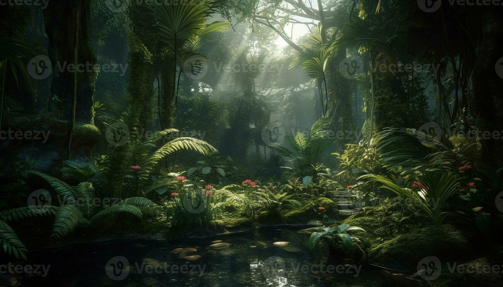 Tranquil scene Tropical rainforest, animals, and water generated by AI photo