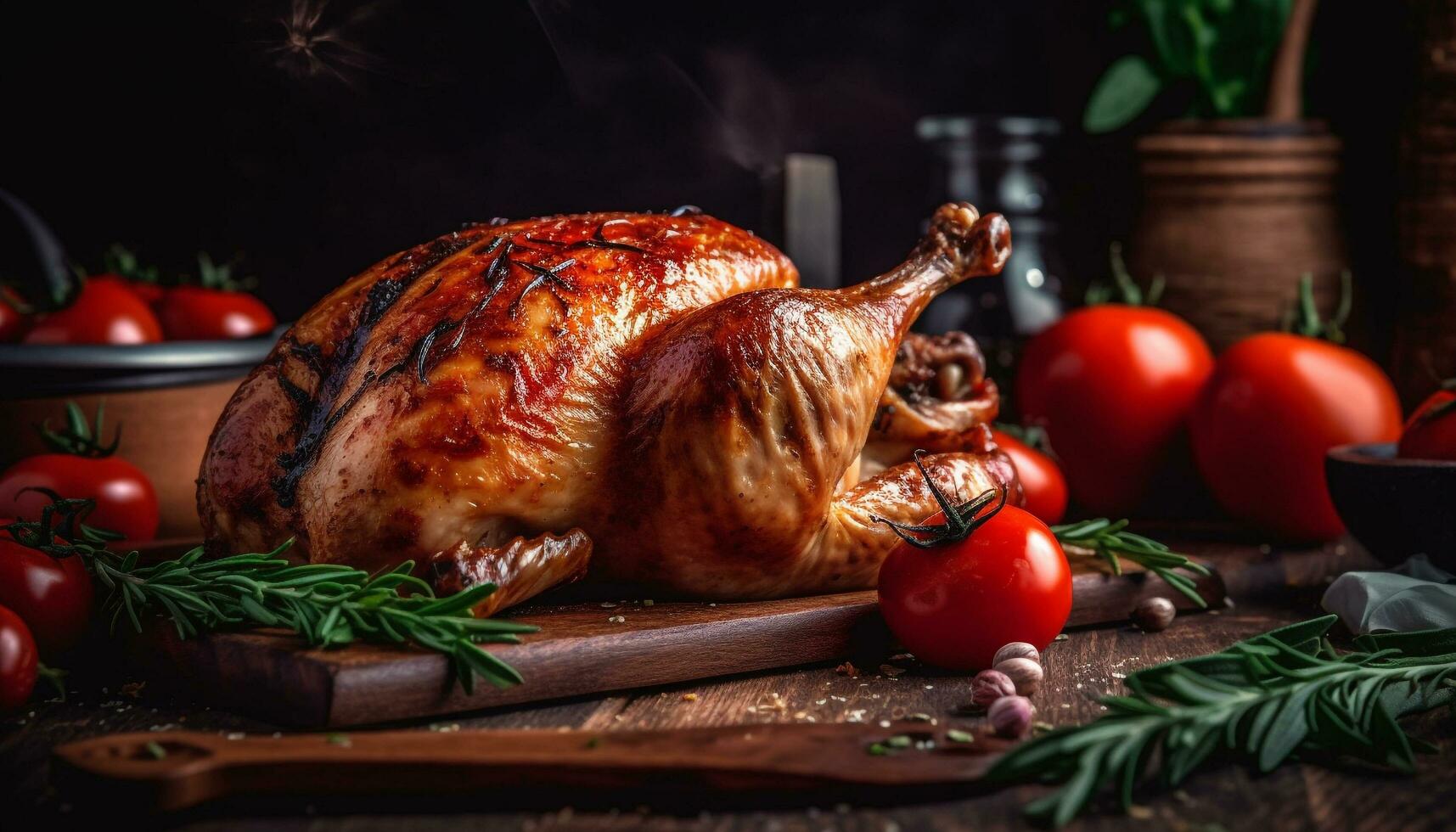 A la parrilla aves de corral y Fresco vegetales en rústico plato generado por ai foto