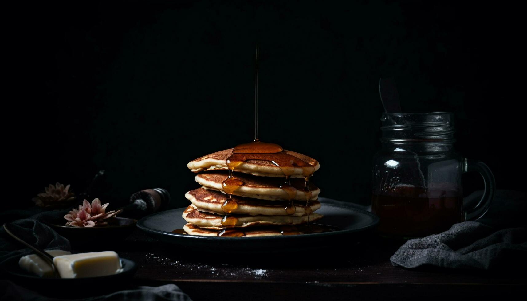 Freshly baked pancakes stack on rustic wood plate generated by AI photo