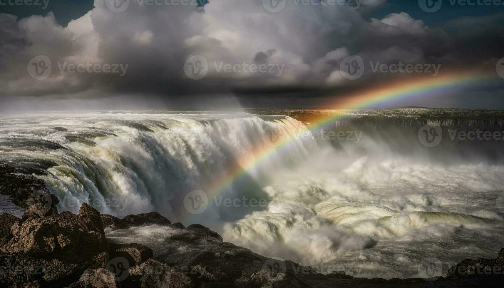 Majestic rainbow sprays beauty in nature landscape generated by AI photo