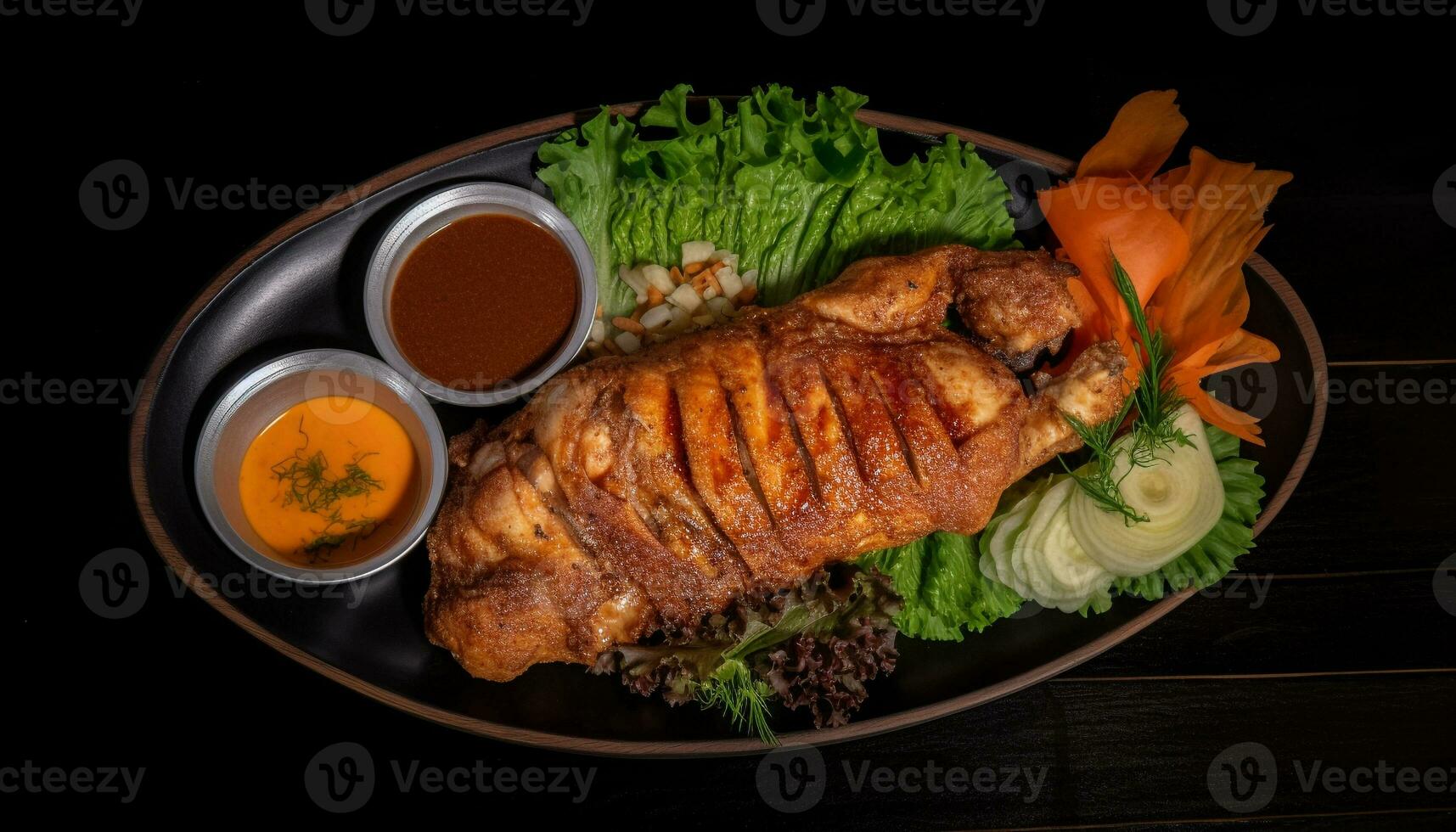 Grilled pork fillet with fresh vegetable salad generated by AI photo