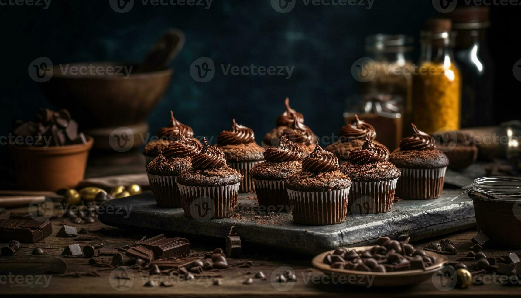 Freshly baked chocolate chip muffins on rustic table generated by AI photo