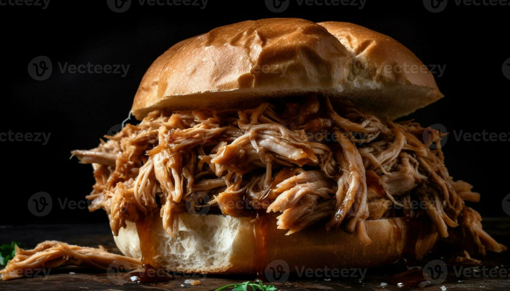 Savory pulled pork sandwich with coleslaw and sauce generated by AI photo