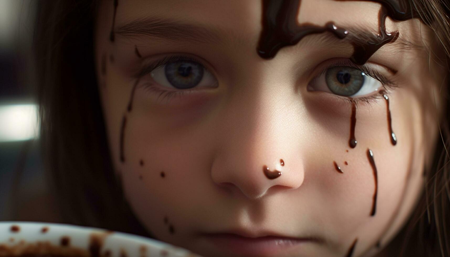 Cute caucasian girl eating chocolate, looking at camera generated by AI photo