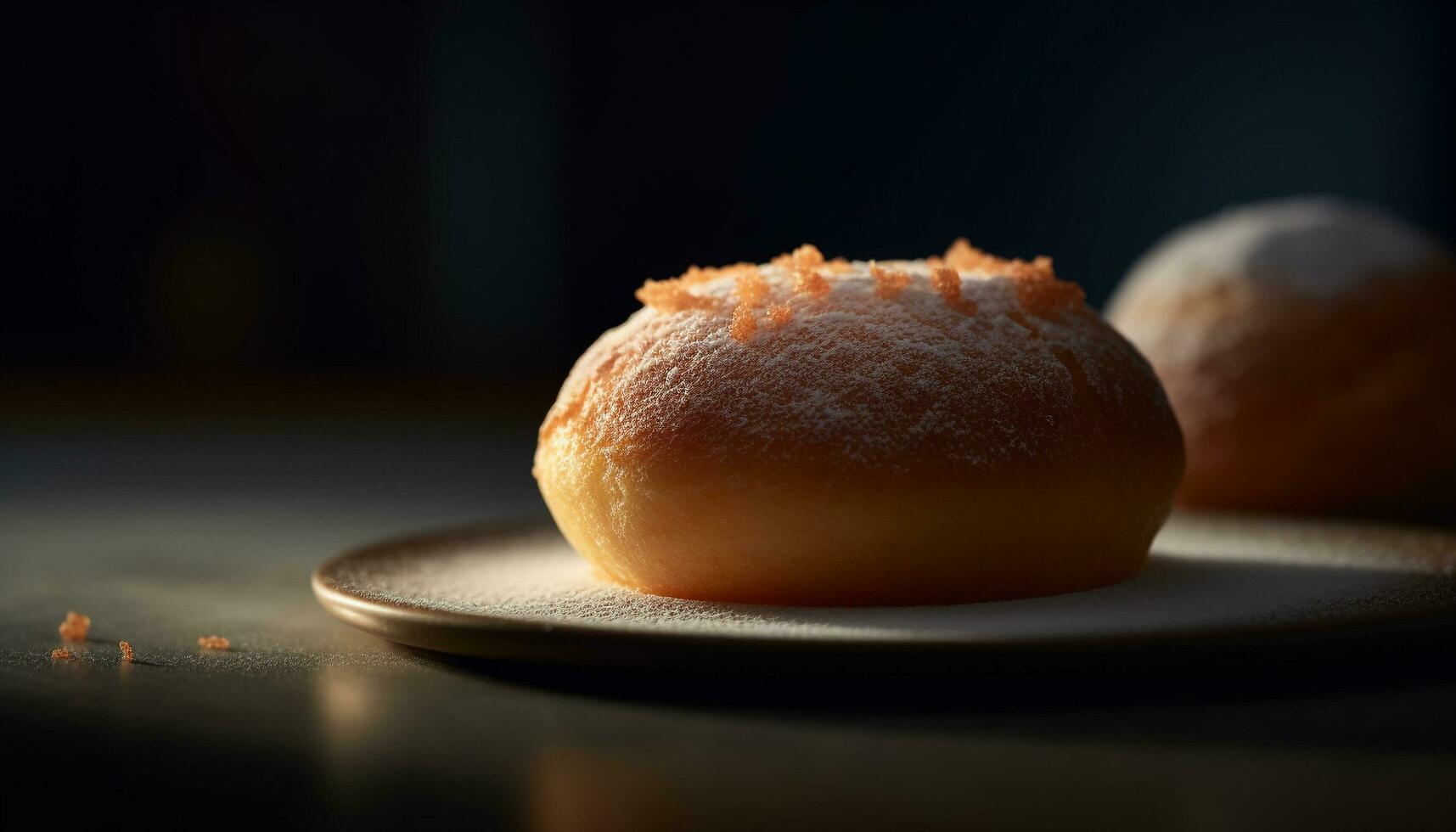 Freshly baked homemade donut on wooden plate generated by AI photo