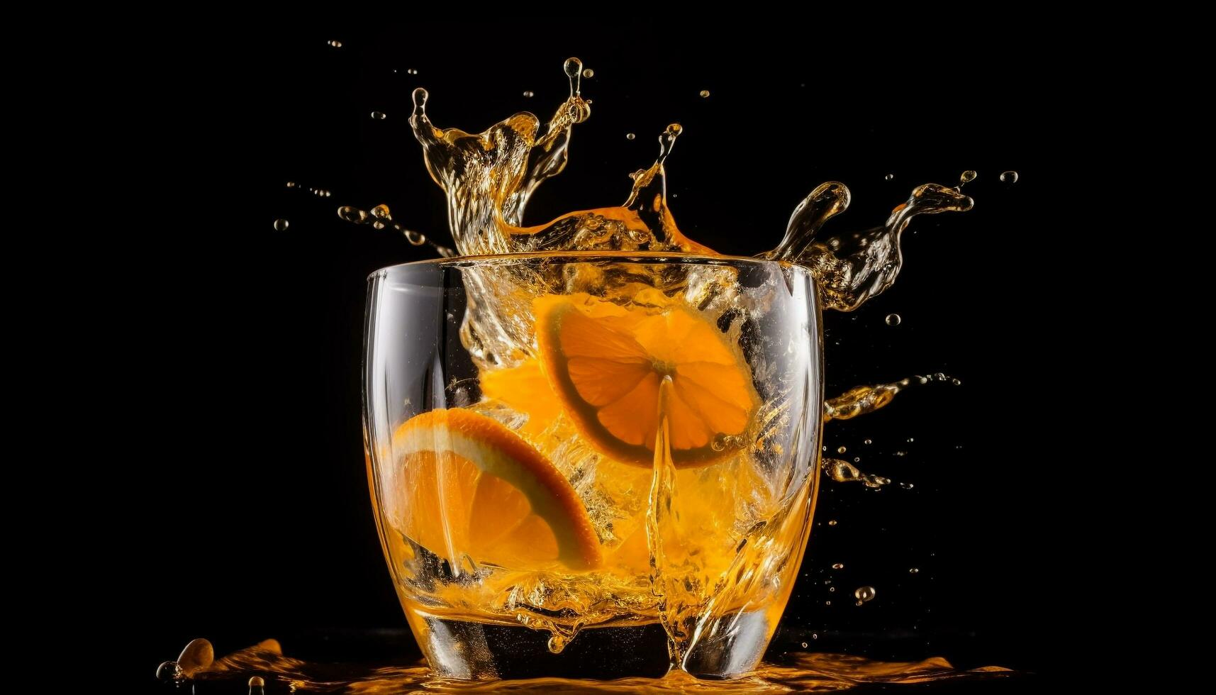 Refreshing citrus cocktail with splashing ice and bubbles generated by AI photo