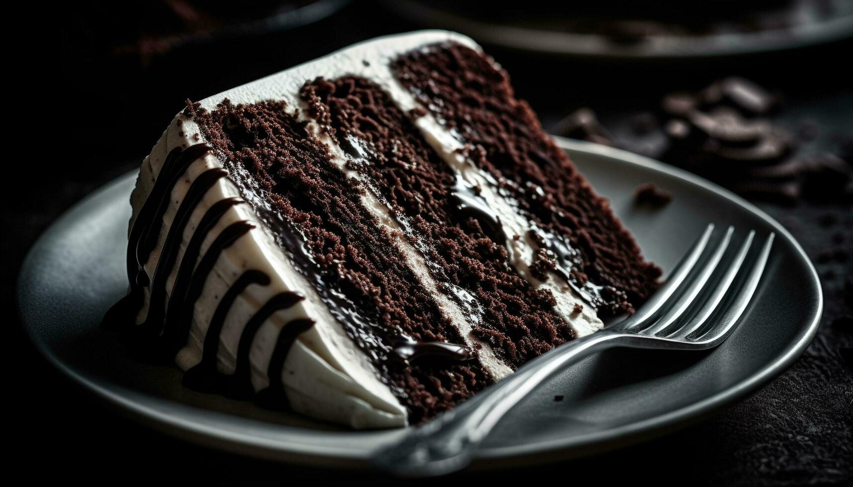 Layered chocolate cake slice with creamy frosting generated by AI photo