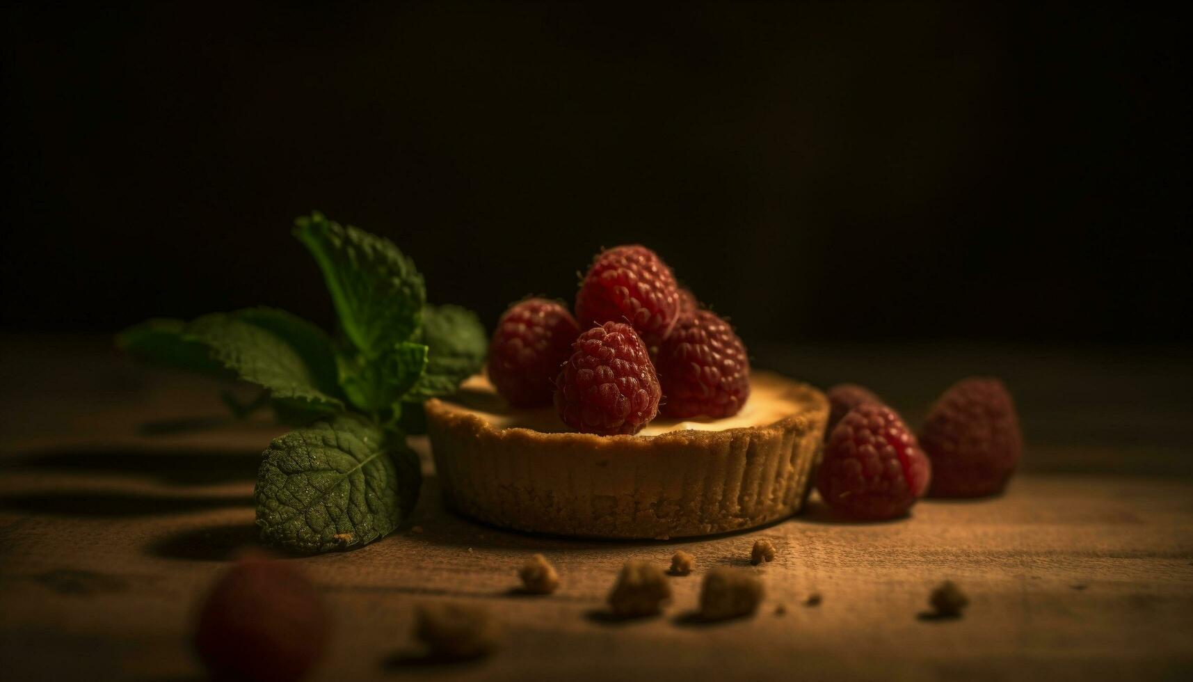 Fresh raspberry tart on rustic wooden table generated by AI photo