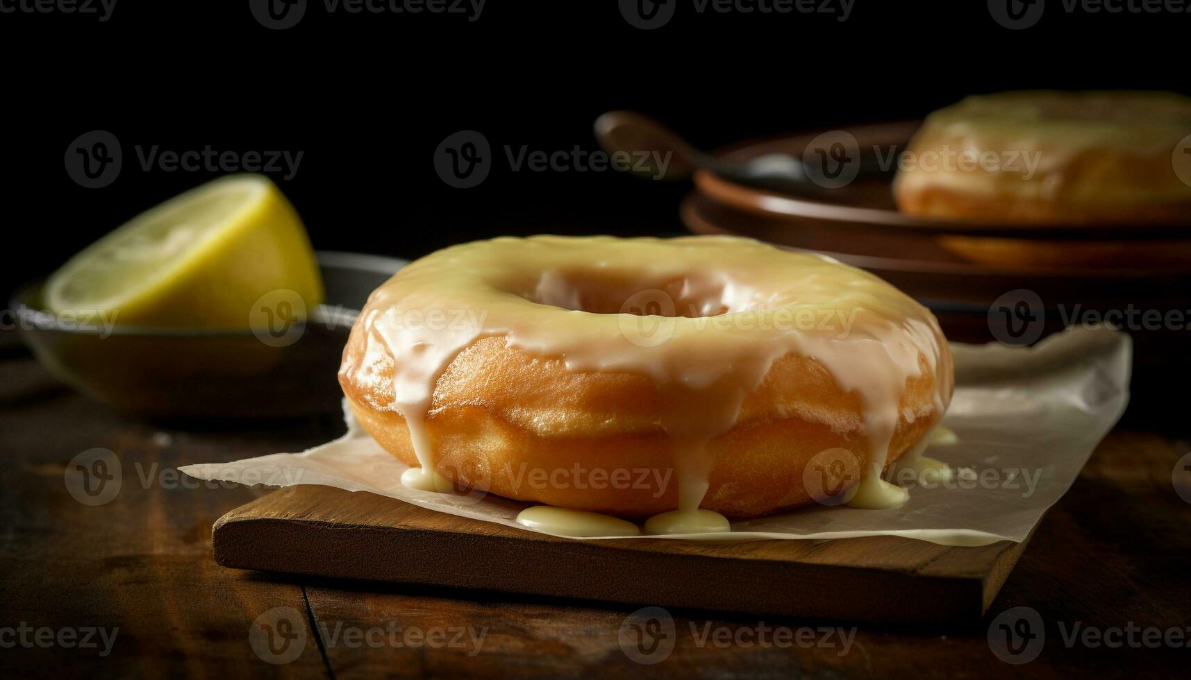 Sweet homemade donut on rustic wooden table generated by AI photo