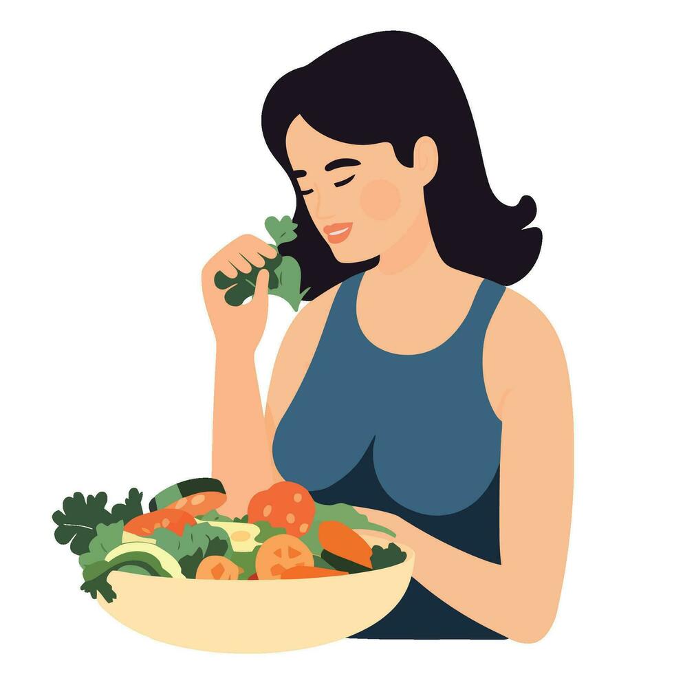 Females delight in organic gourmet vegetable salad over white vector