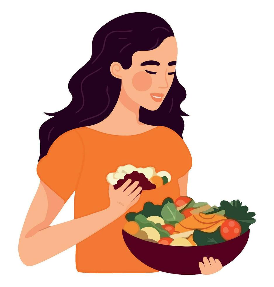 mujer con un delicioso vegetariano ensalada terminado blanco vector